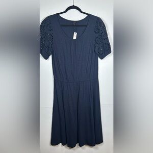 NWT Talbots Navy Blue Midi Eyelet Puff Sleeve Dress with Elastic Waist. Size L.